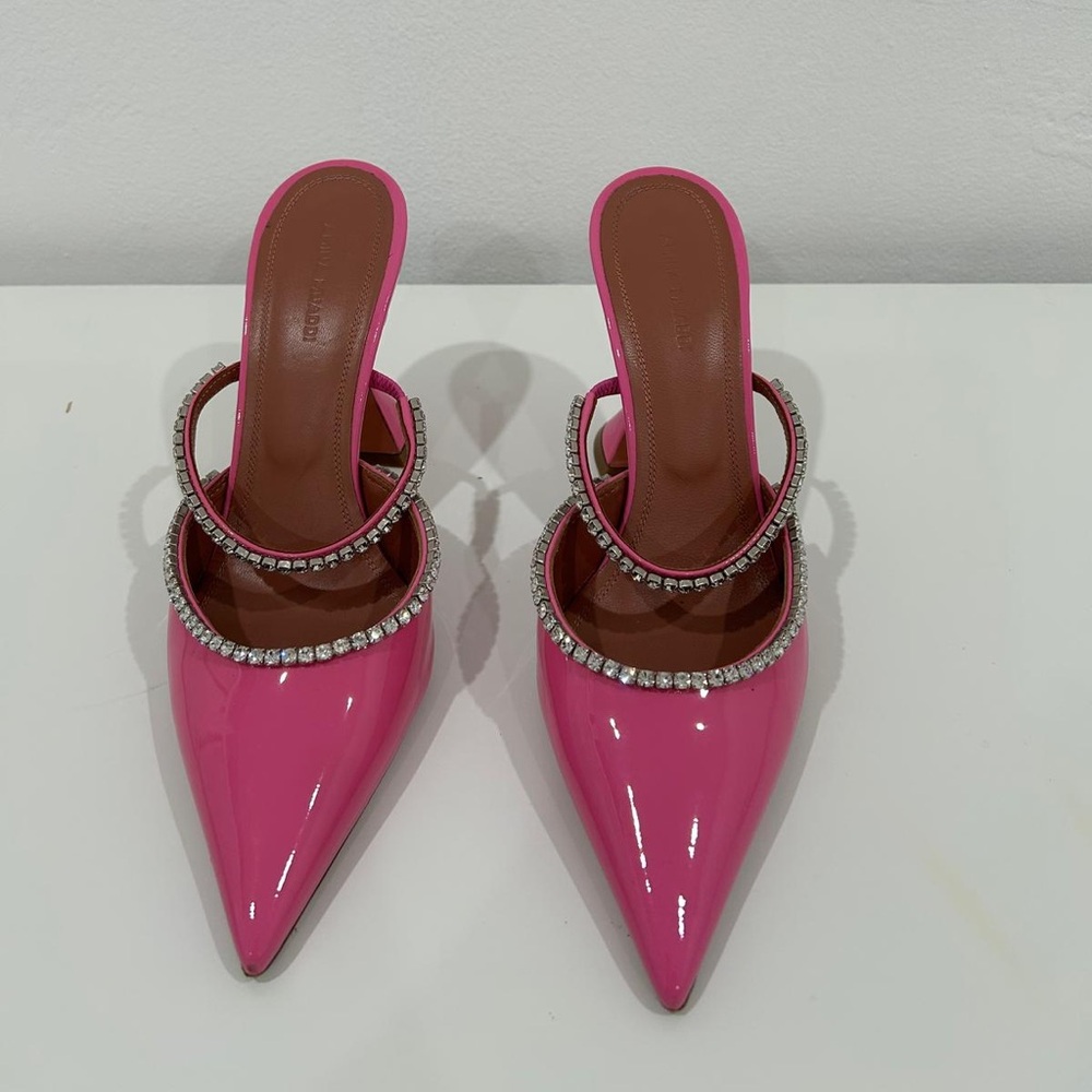Amina Muaddi Pink Heels with Rhinestone Straps